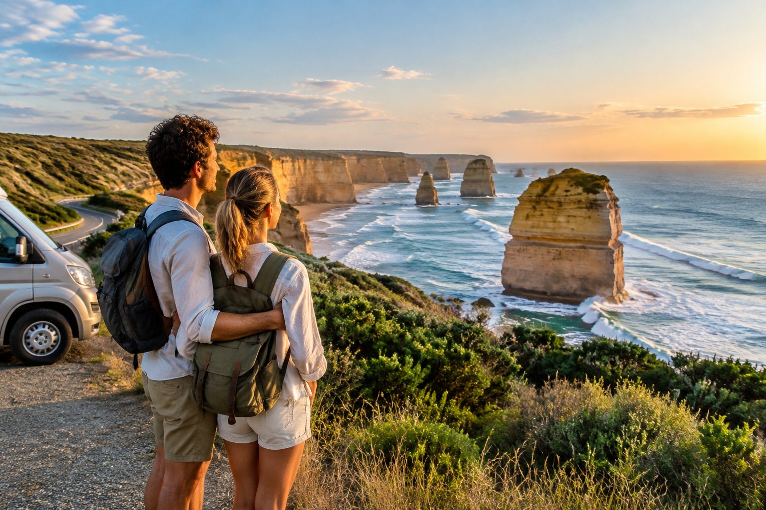 A newlywed couple admires the Twelve Apostles from a coastal lookout.