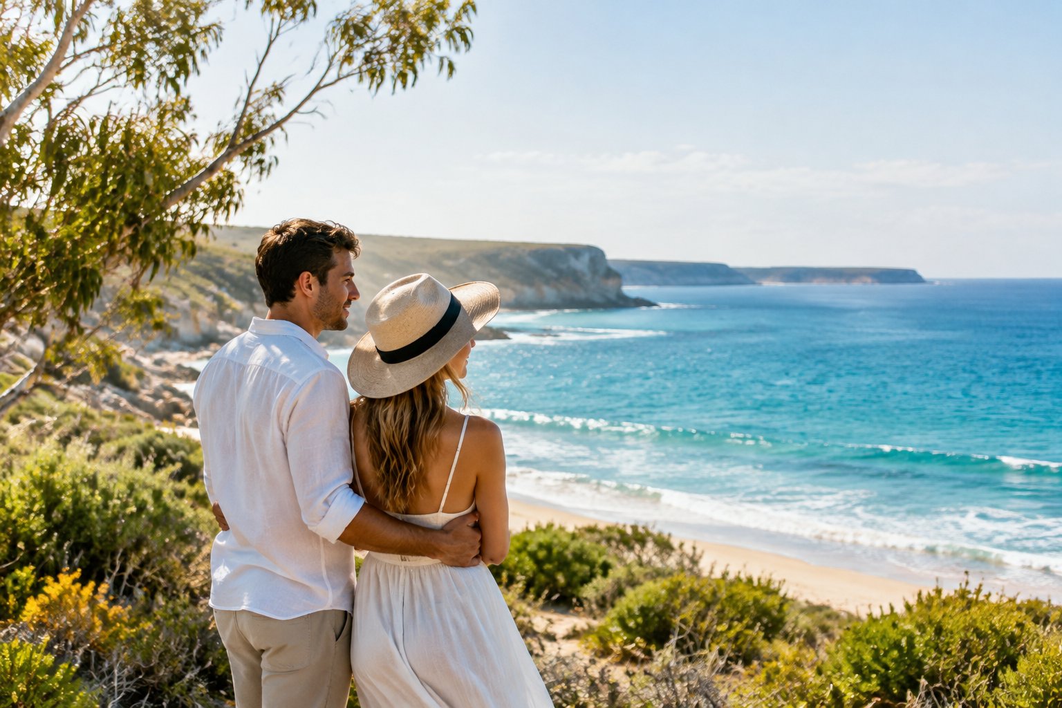 A newlywed couple stands together overlooking a sunny Australian beach.