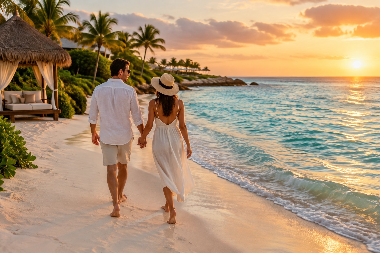 A couple walks hand in hand along a tropical beach beside a luxury resort.