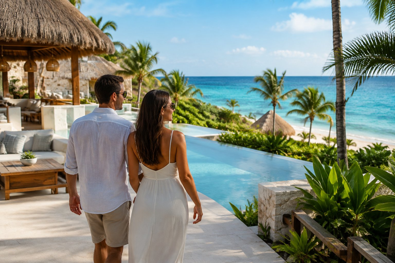 A couple explores a tropical beachfront resort beside an infinity pool.