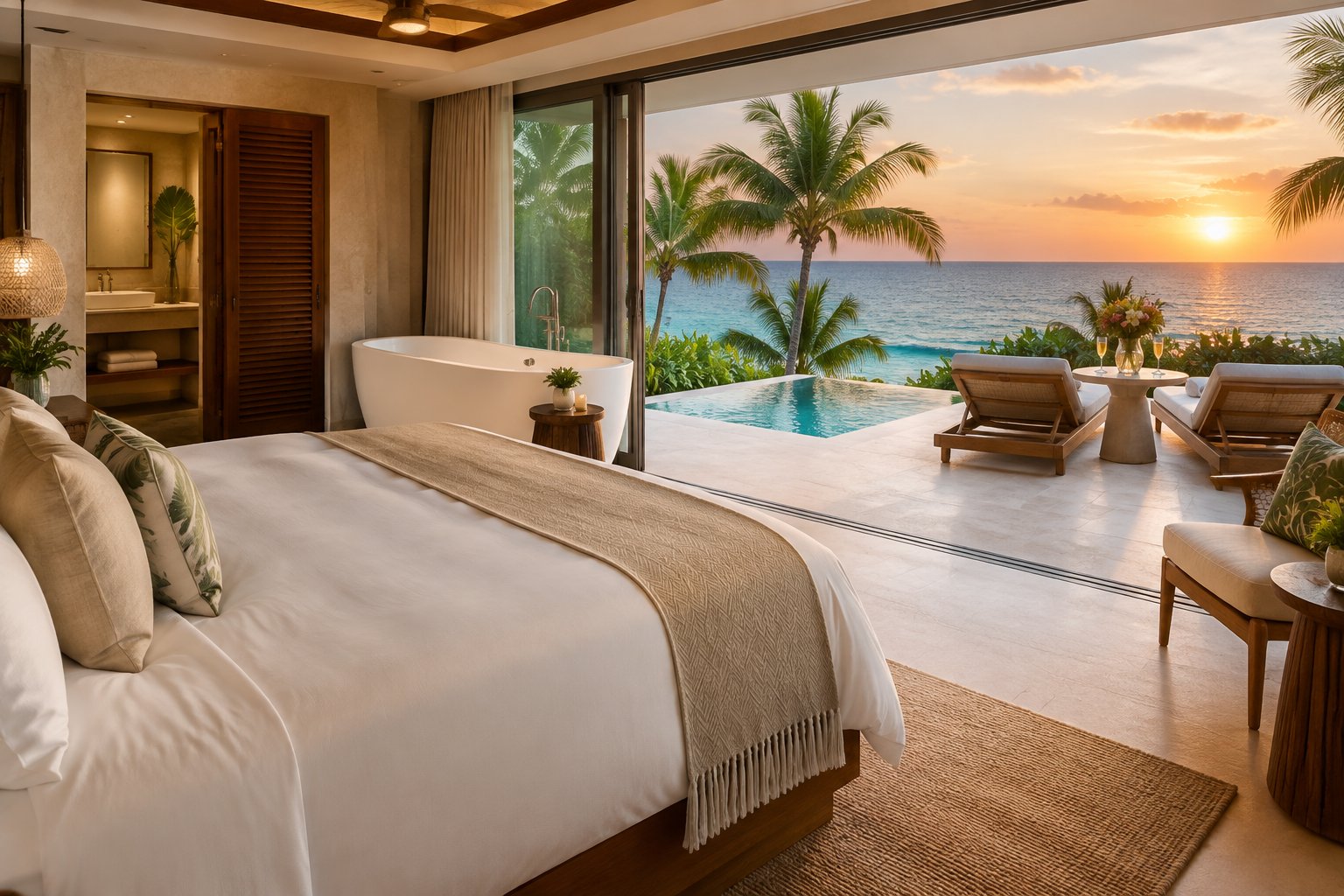 A romantic oceanfront hotel suite with a private pool, soaking tub, and tropical sea view.