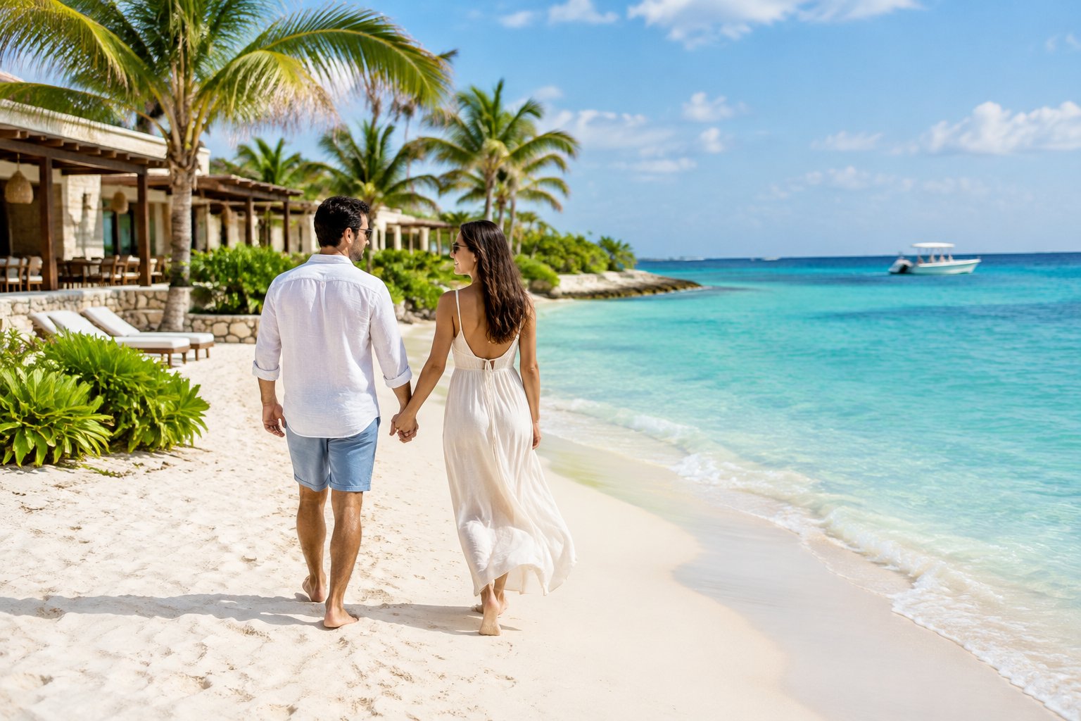 A couple walks hand in hand along a tropical beach beside a resort, with a small boat on the turquoise sea.