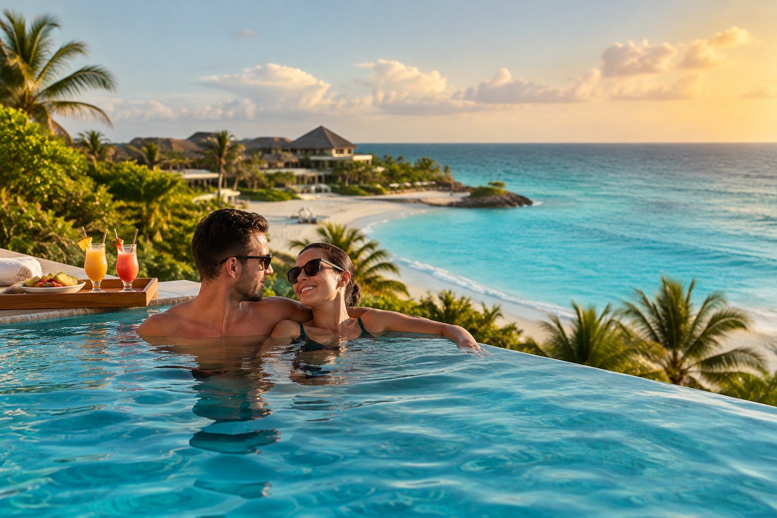 A couple relaxes beside an infinity pool overlooking a tropical beach.