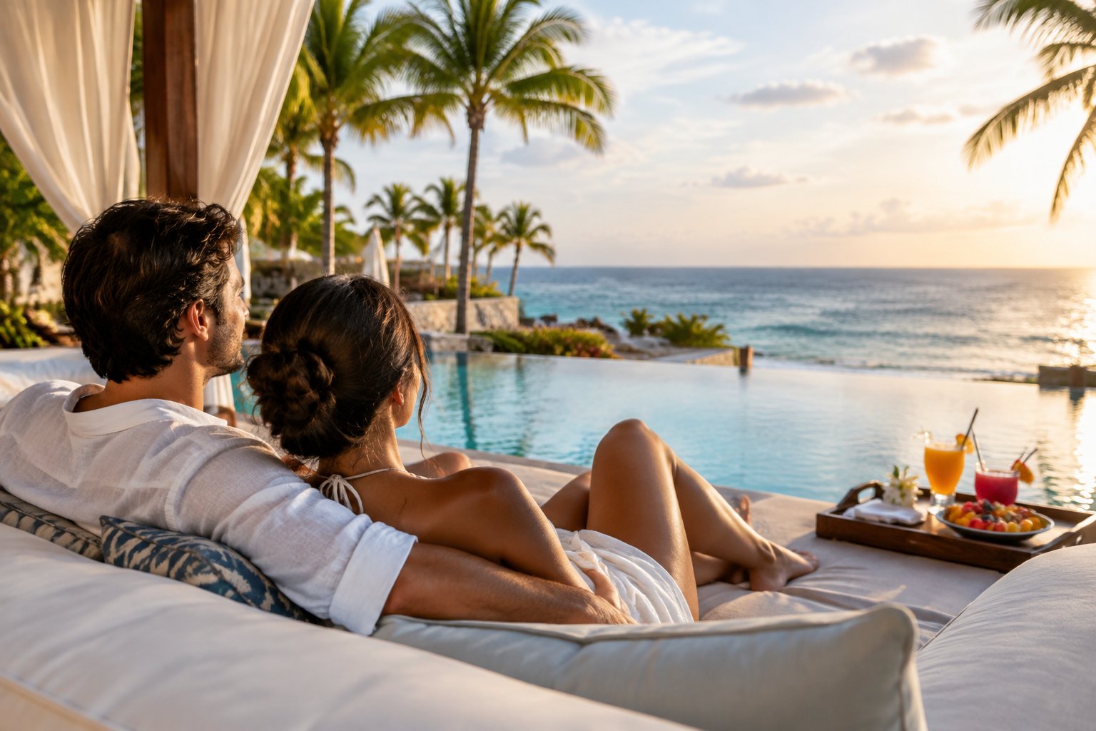 A couple relaxes beneath a cabana beside a tropical resort pool overlooking the ocean.