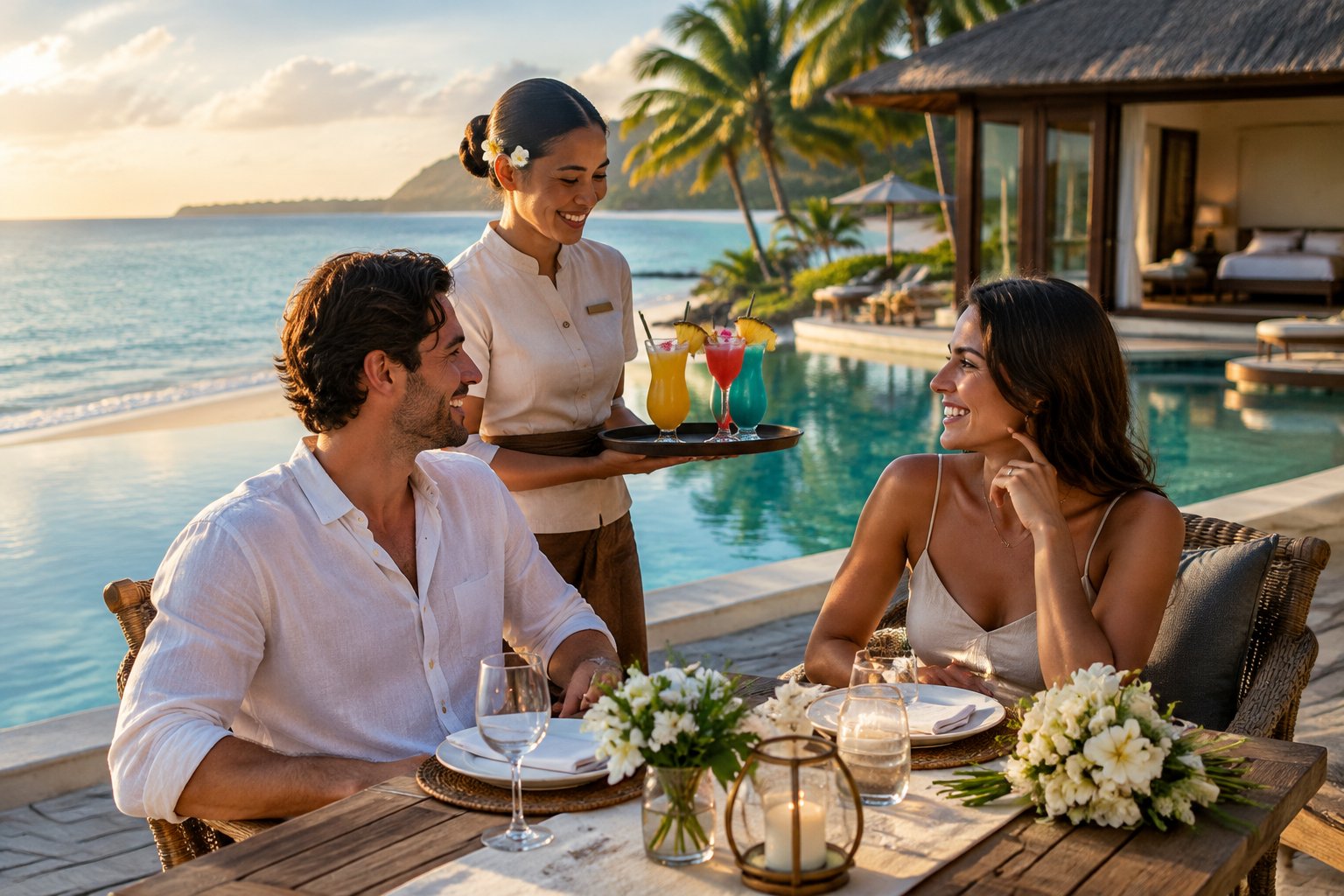 A newlywed couple enjoys drinks at a beachfront resort with a pool and tropical ocean in the background.