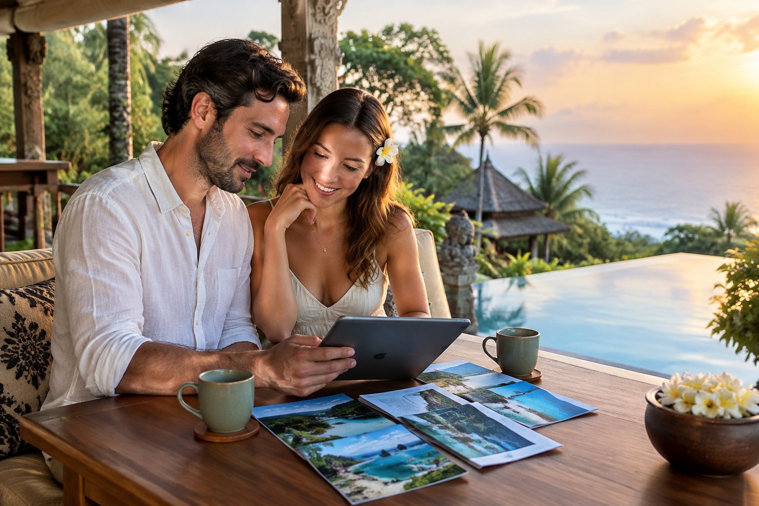 A newlywed couple compares travel options on a resort terrace overlooking a tropical garden and ocean.