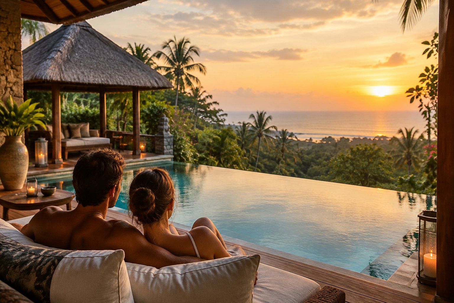 A couple relaxes on a villa terrace beside an infinity pool overlooking Bali’s tropical landscape.