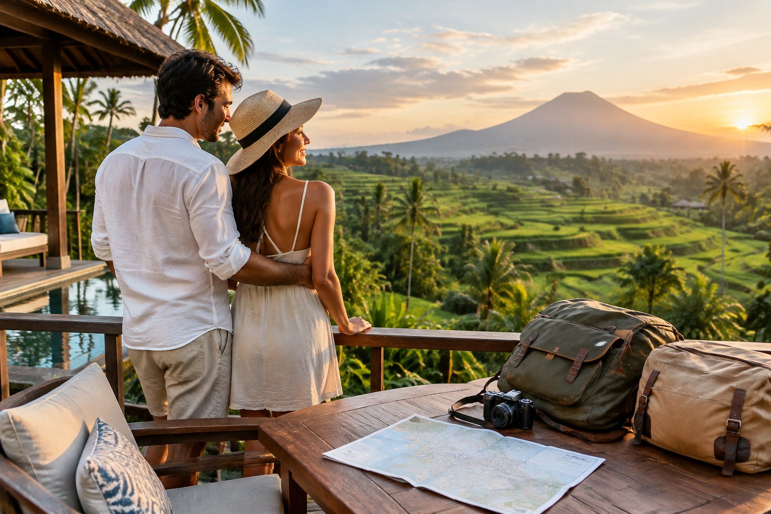 A newlywed couple looks out over Bali’s green rice fields from a resort terrace.
