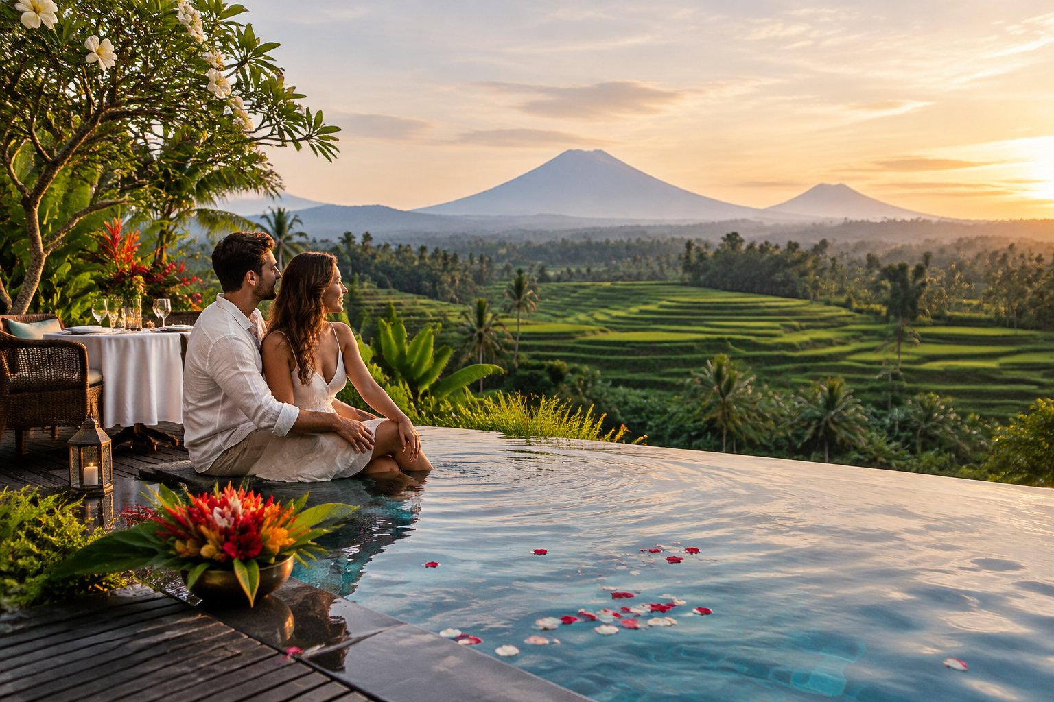 A newlywed couple shares a quiet moment beside a resort pool overlooking Bali’s tropical landscape.