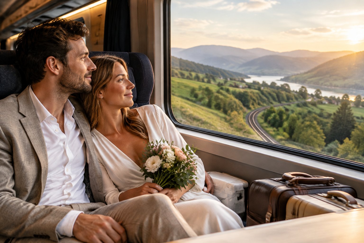 A newlywed couple shares a quiet moment on a train traveling through the countryside.