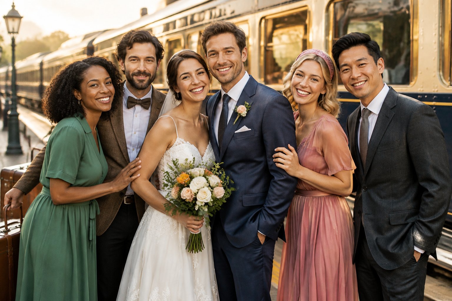 A group of actors poses together beside a vintage train, with a newlywed couple at the center.