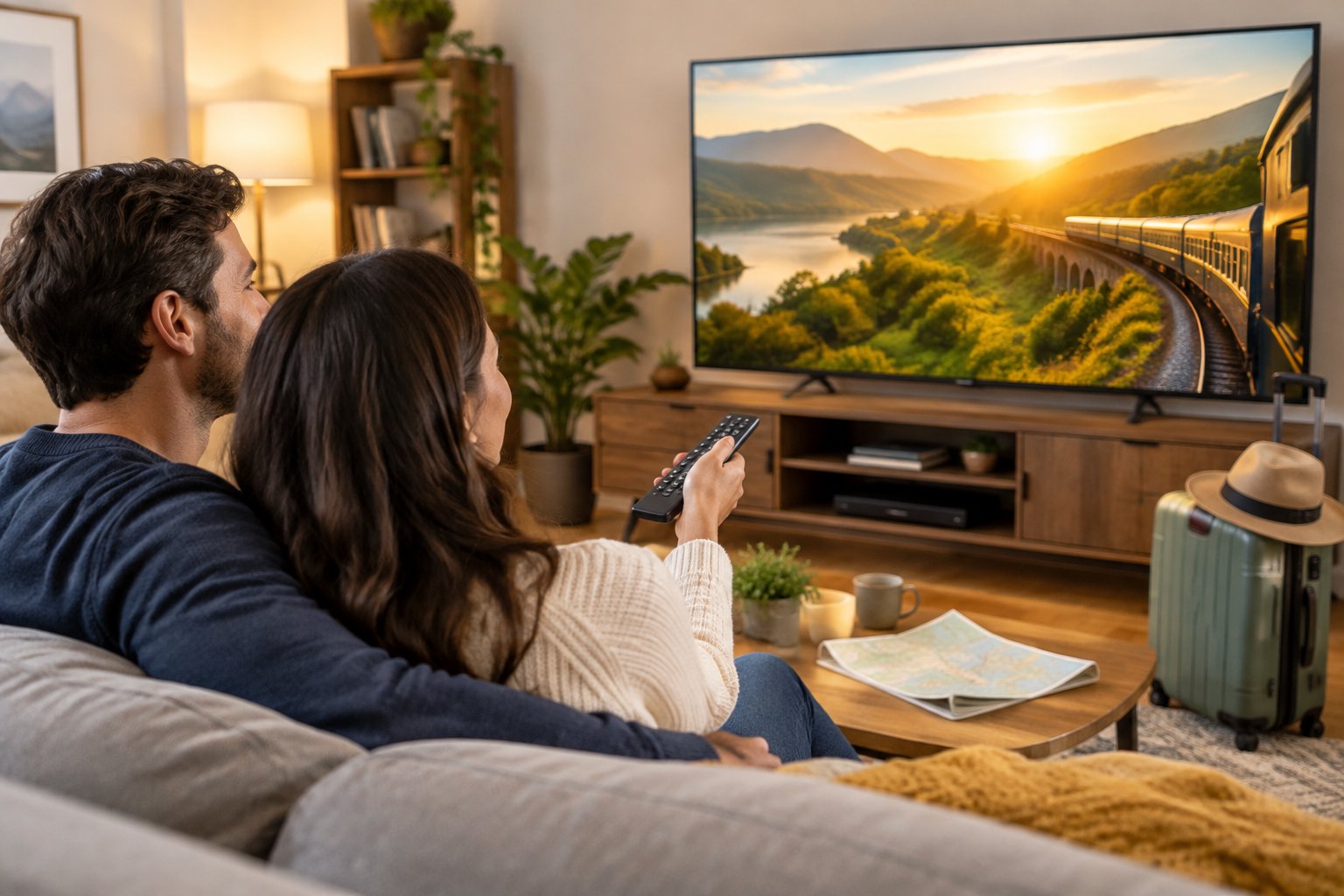 A couple chooses a movie while a scenic train journey appears on their television.