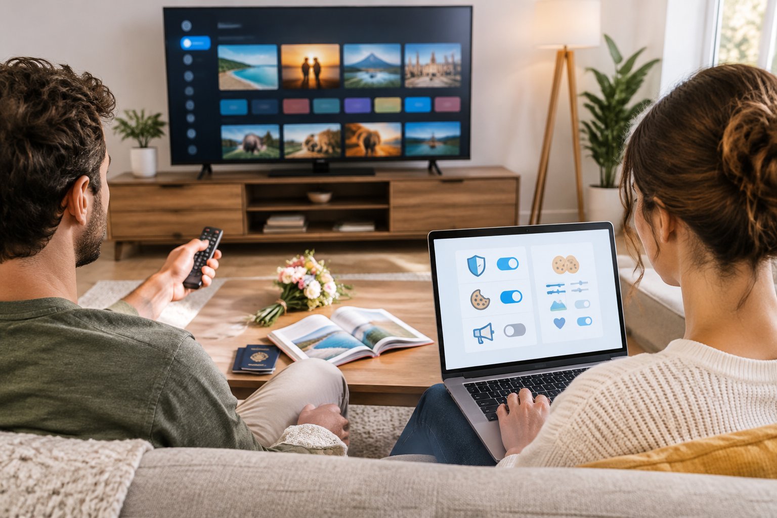 A couple planning their honeymoon while reviewing privacy settings on a laptop beside a television.