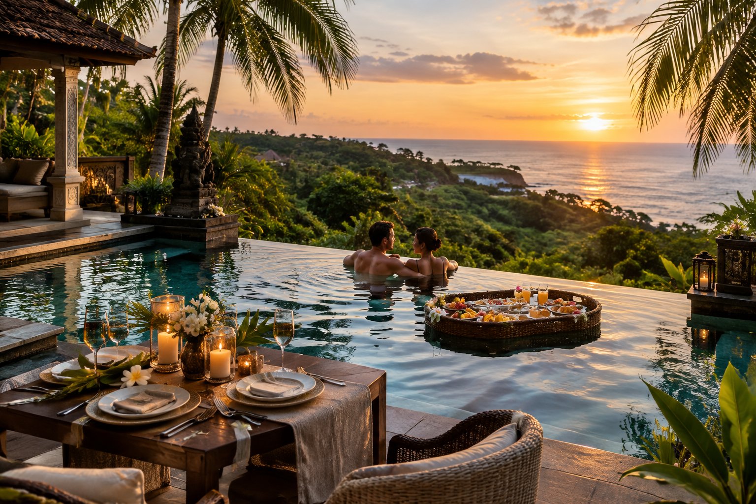 A couple relaxes in a private resort pool overlooking the ocean, with breakfast and a candlelit dinner nearby.