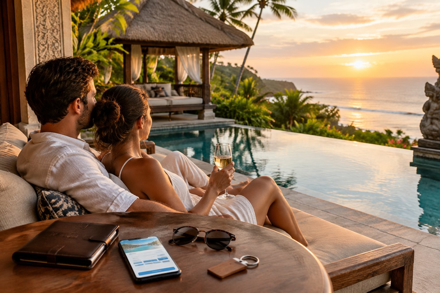 A newlywed couple relaxes on a Bali resort terrace overlooking an infinity pool and the ocean.