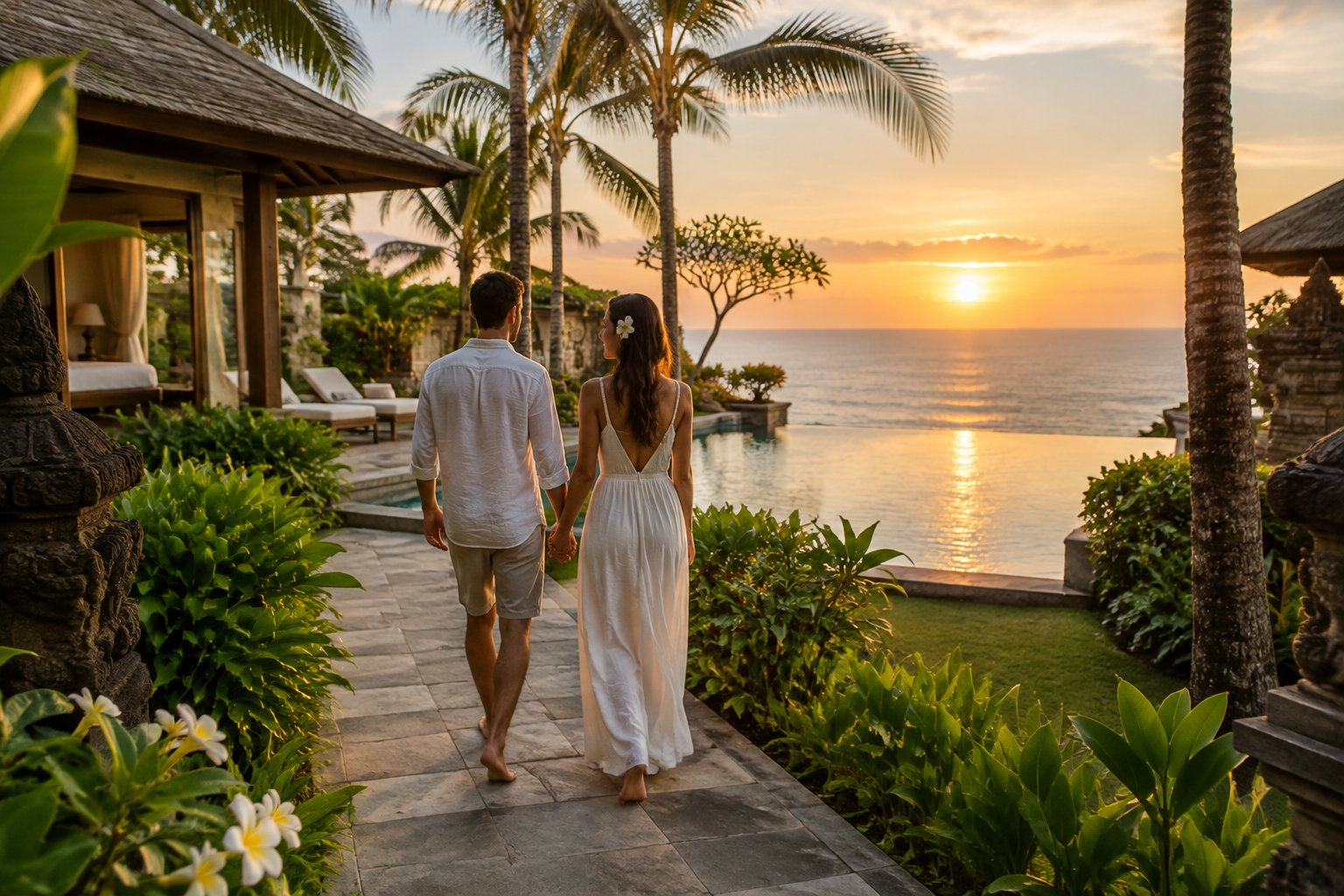 A couple walks hand in hand toward an ocean-view pool at a tropical resort.