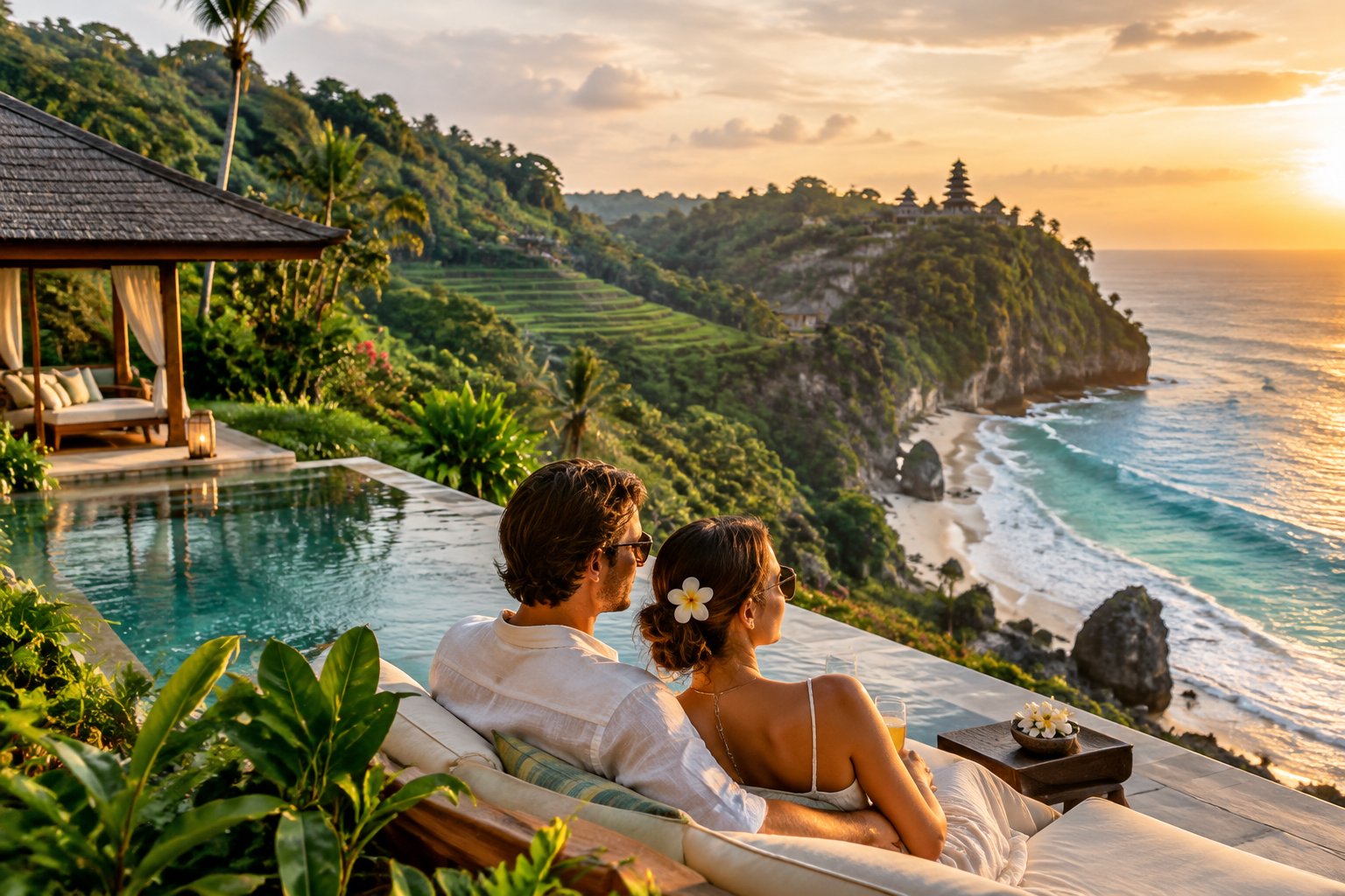 A couple enjoys a clifftop view of a tropical Bali beach.