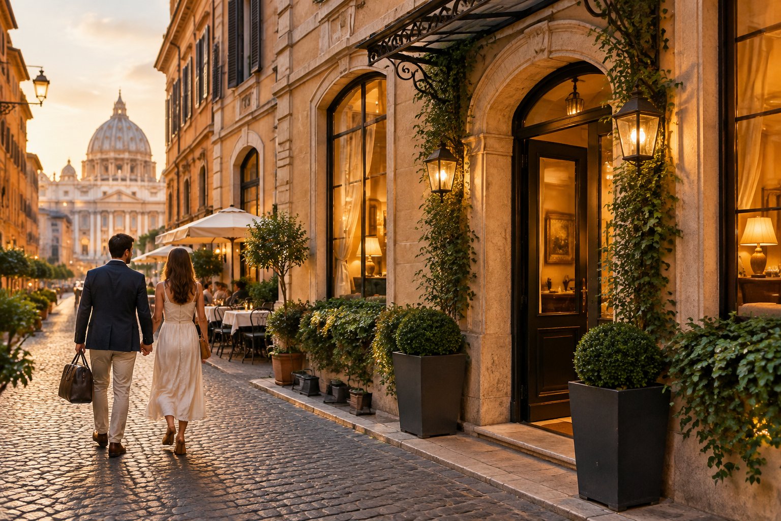 A couple walks hand in hand toward a warmly lit hotel on a historic Roman street.
