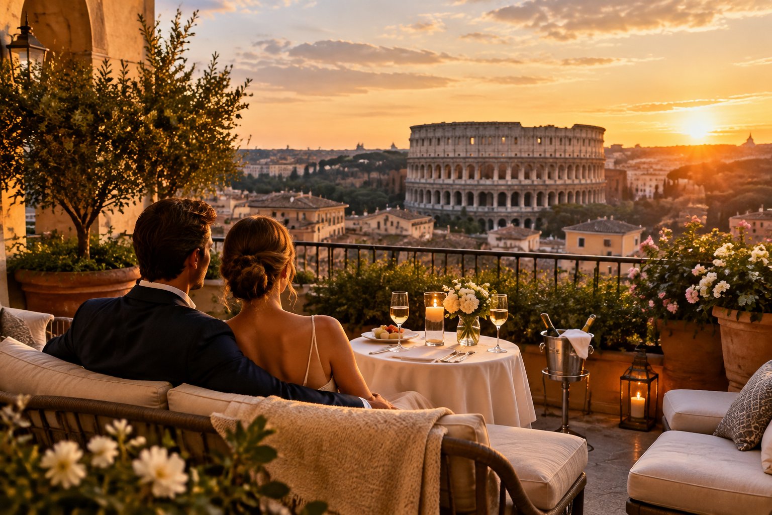 A couple enjoys a hotel terrace overlooking the Colosseum in Rome.