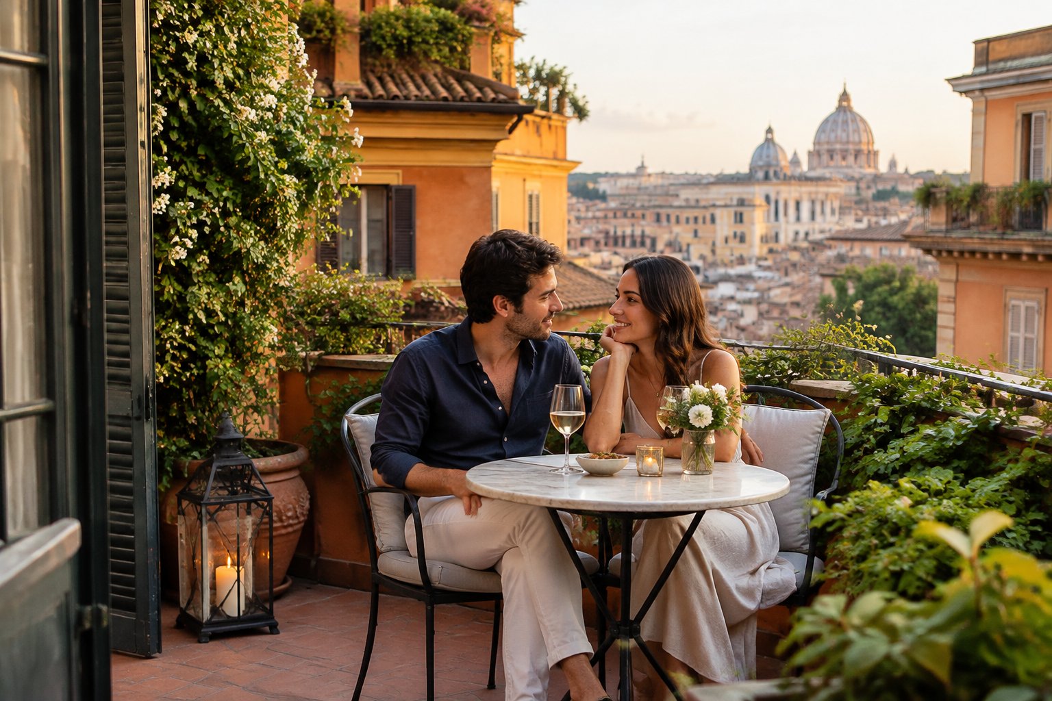 A couple shares a quiet moment on a boutique hotel terrace overlooking Roman rooftops.