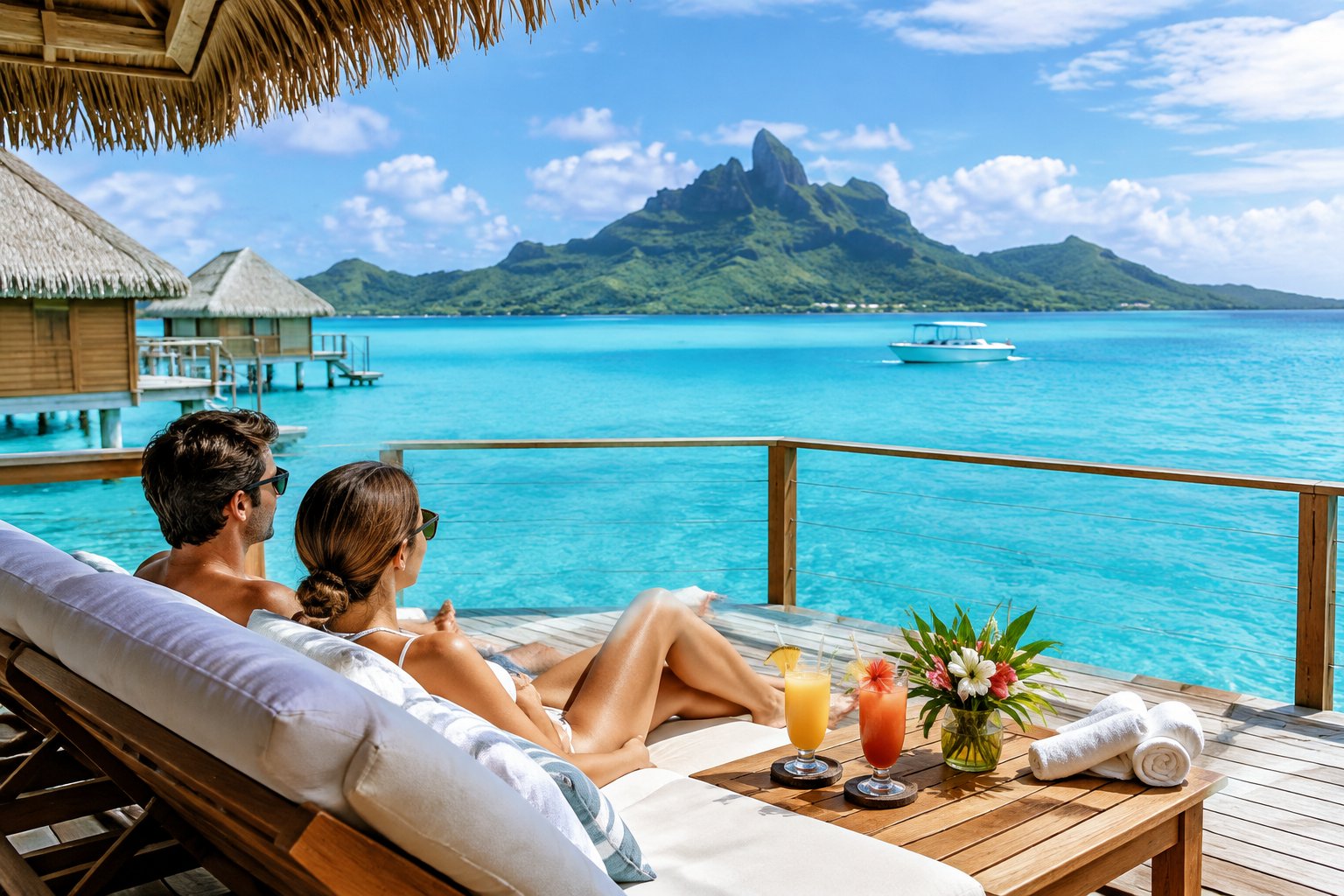 A couple relaxes on an overwater bungalow deck overlooking Bora Bora’s lagoon.