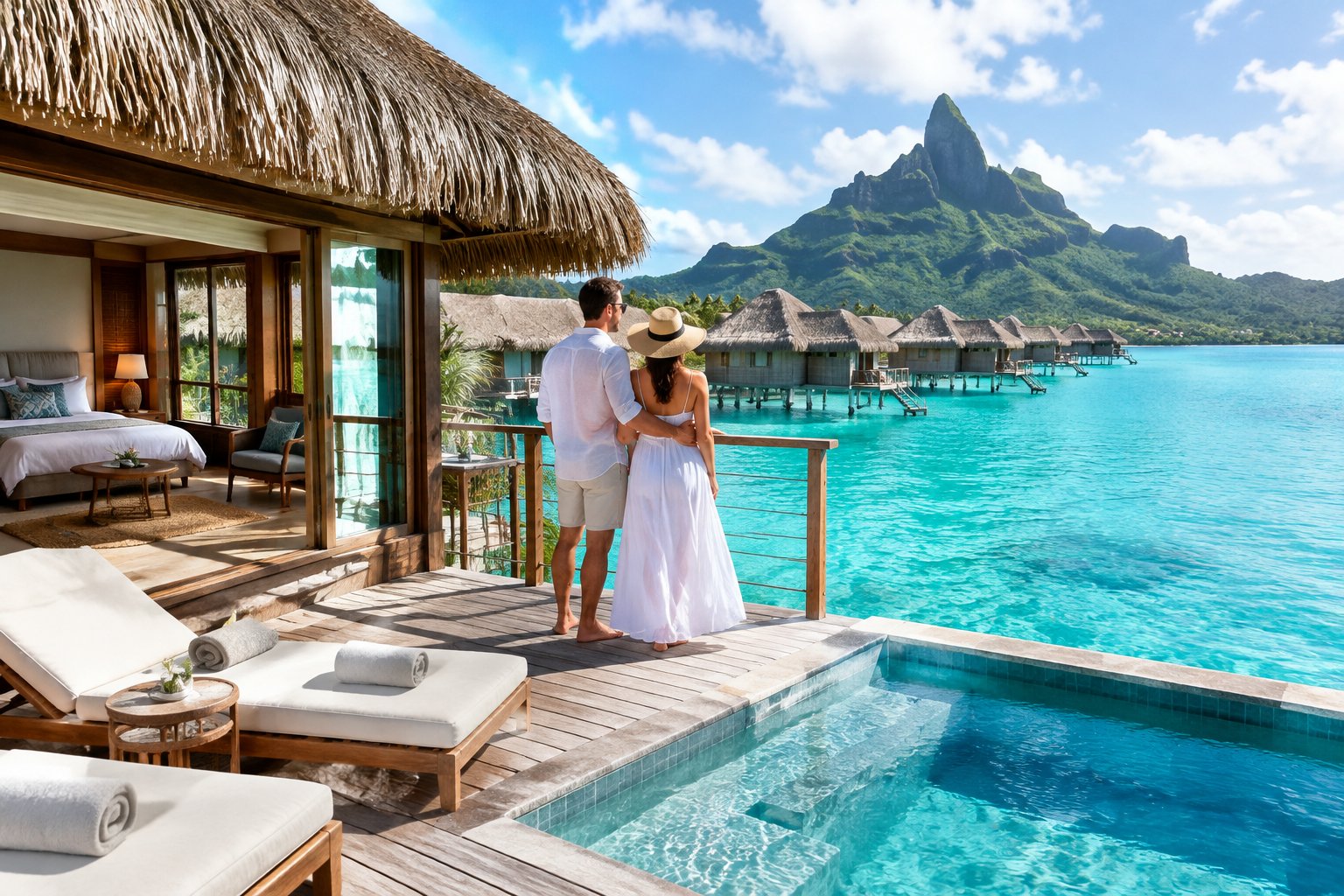 A couple stands on an overwater bungalow deck overlooking Bora Bora’s turquoise lagoon.
