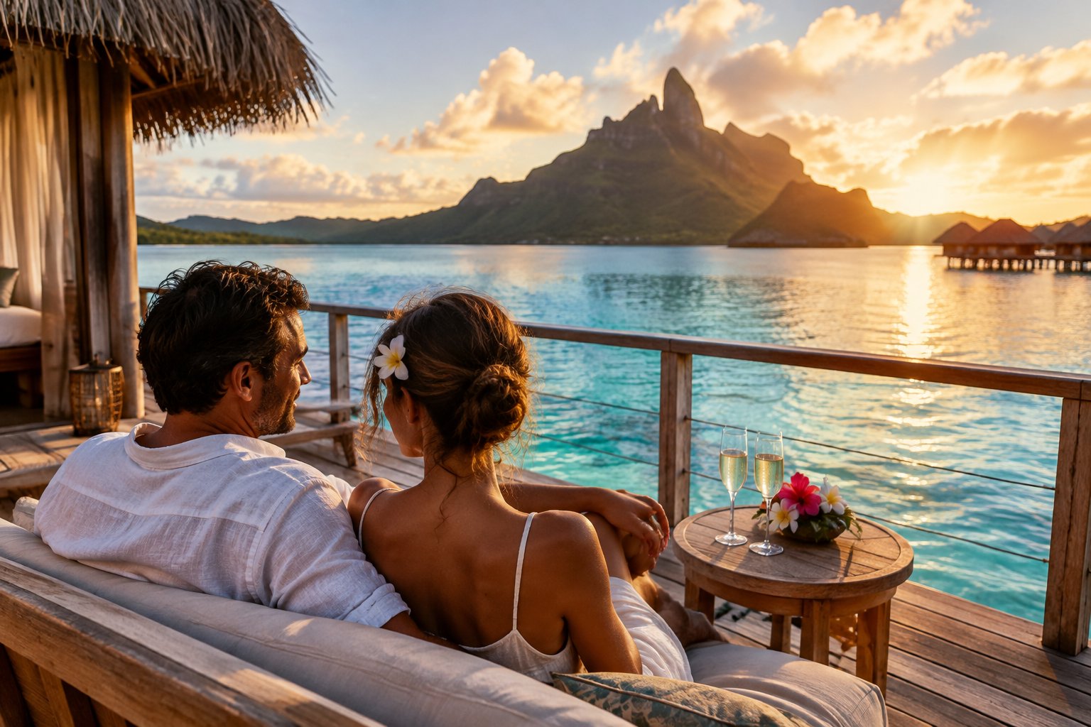 A couple relaxes on an overwater bungalow deck overlooking Bora Bora’s turquoise lagoon and green mountains.