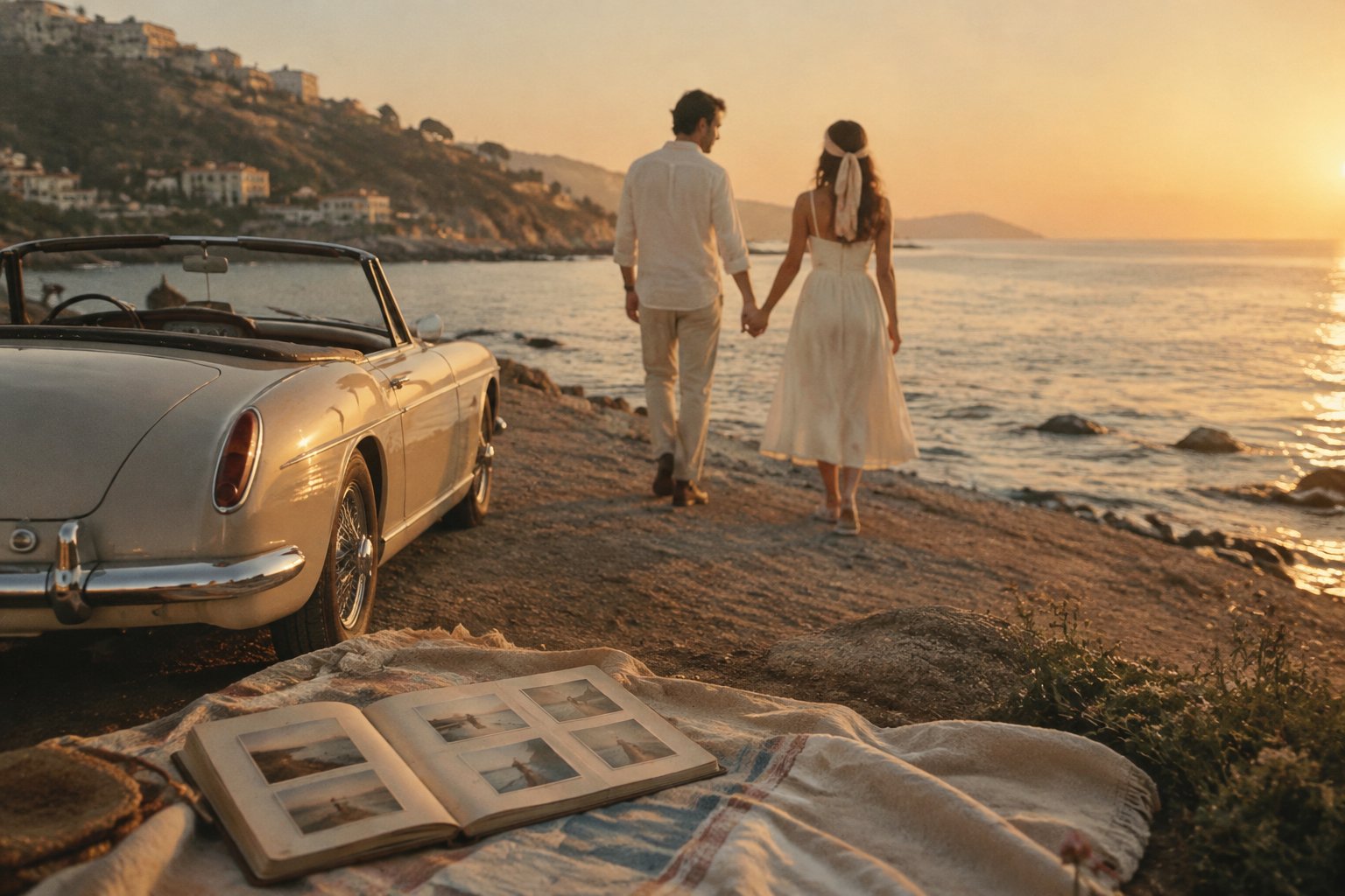A newlywed couple walks along the shore beside an open photo album.