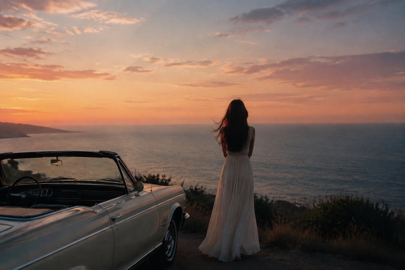 A woman in a flowing dress looks out over the ocean beside a parked vintage convertible.