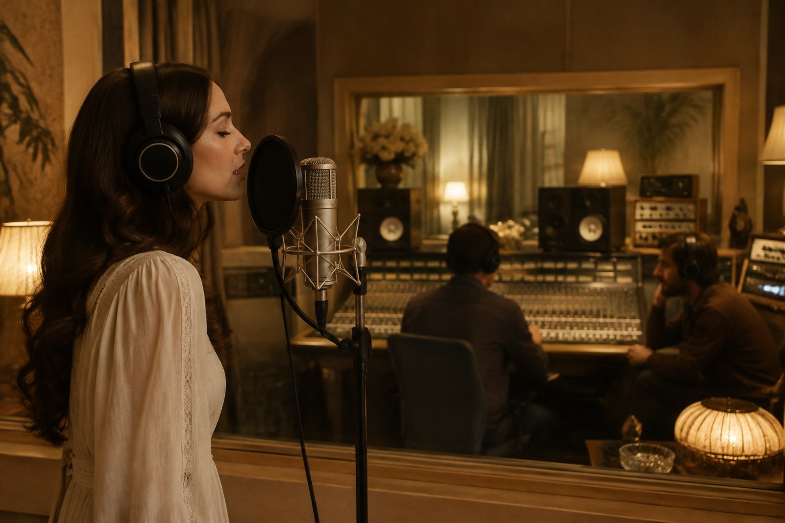A singer performs in a recording booth while a producer works at a mixing console.