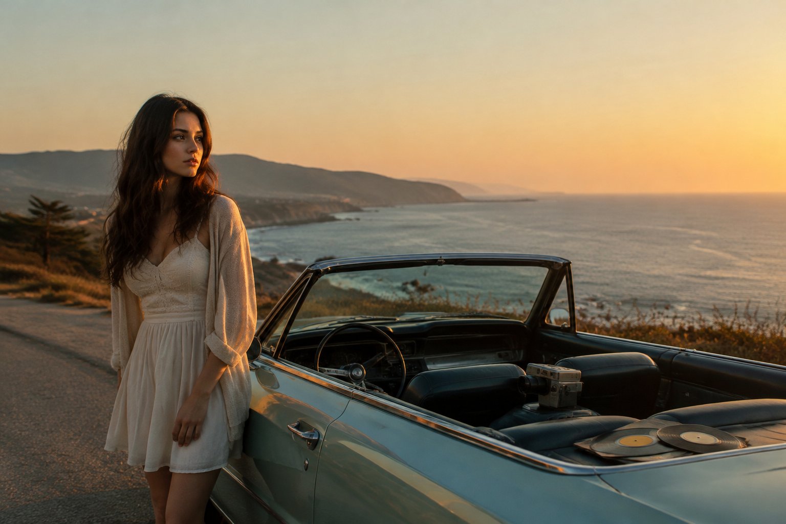 A woman stands beside a vintage convertible on a coastal road.