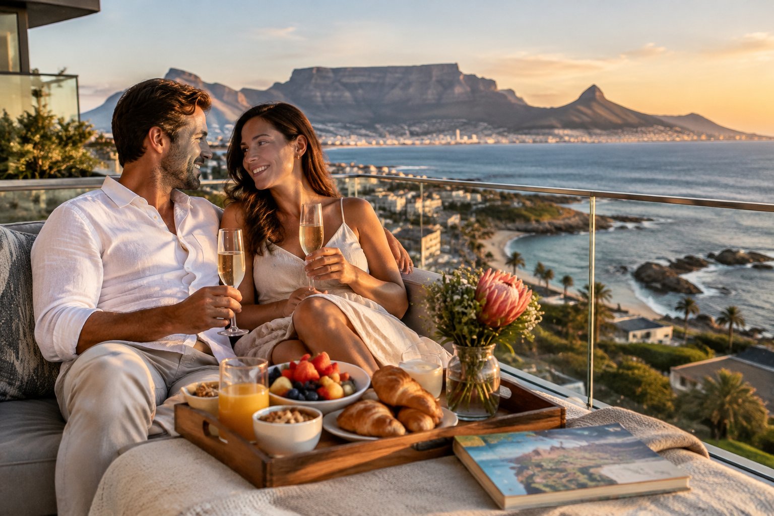 A newlywed couple shares breakfast on a terrace overlooking Cape Town and Table Mountain.