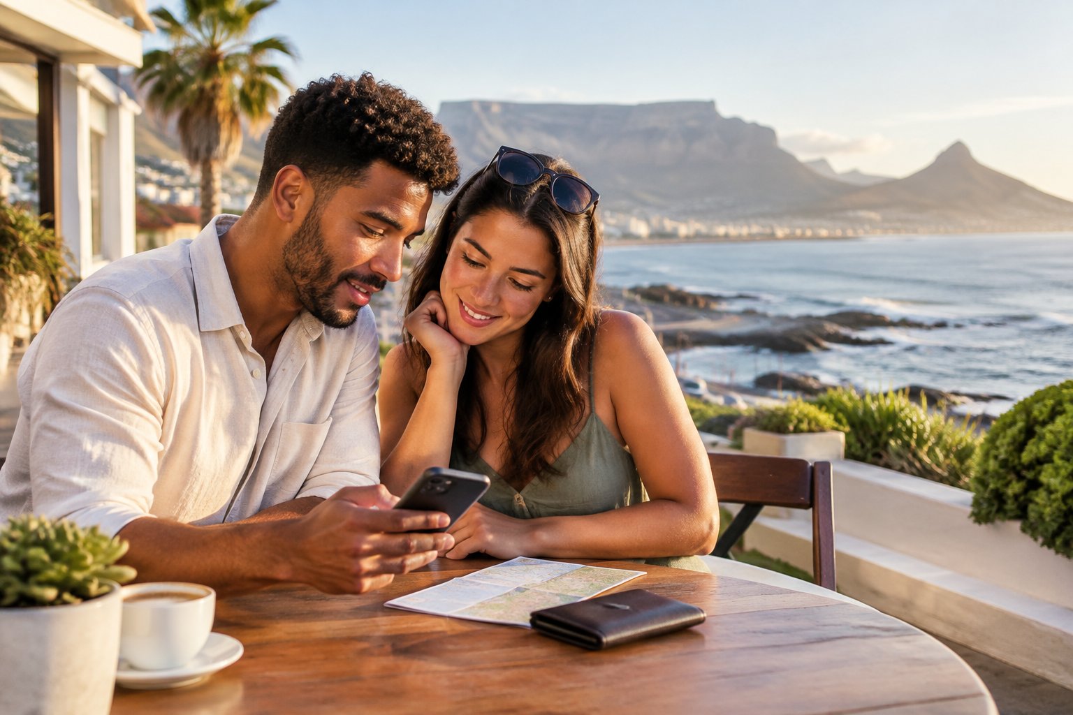A couple reviews travel plans together at a café overlooking the Cape Town coast.