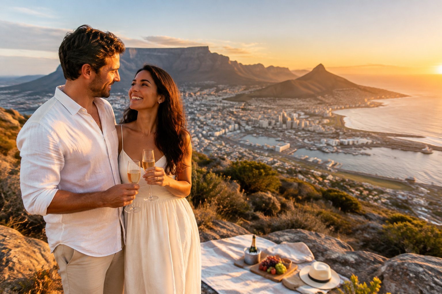 A newlywed couple watches the sunset over Cape Town from a scenic viewpoint.