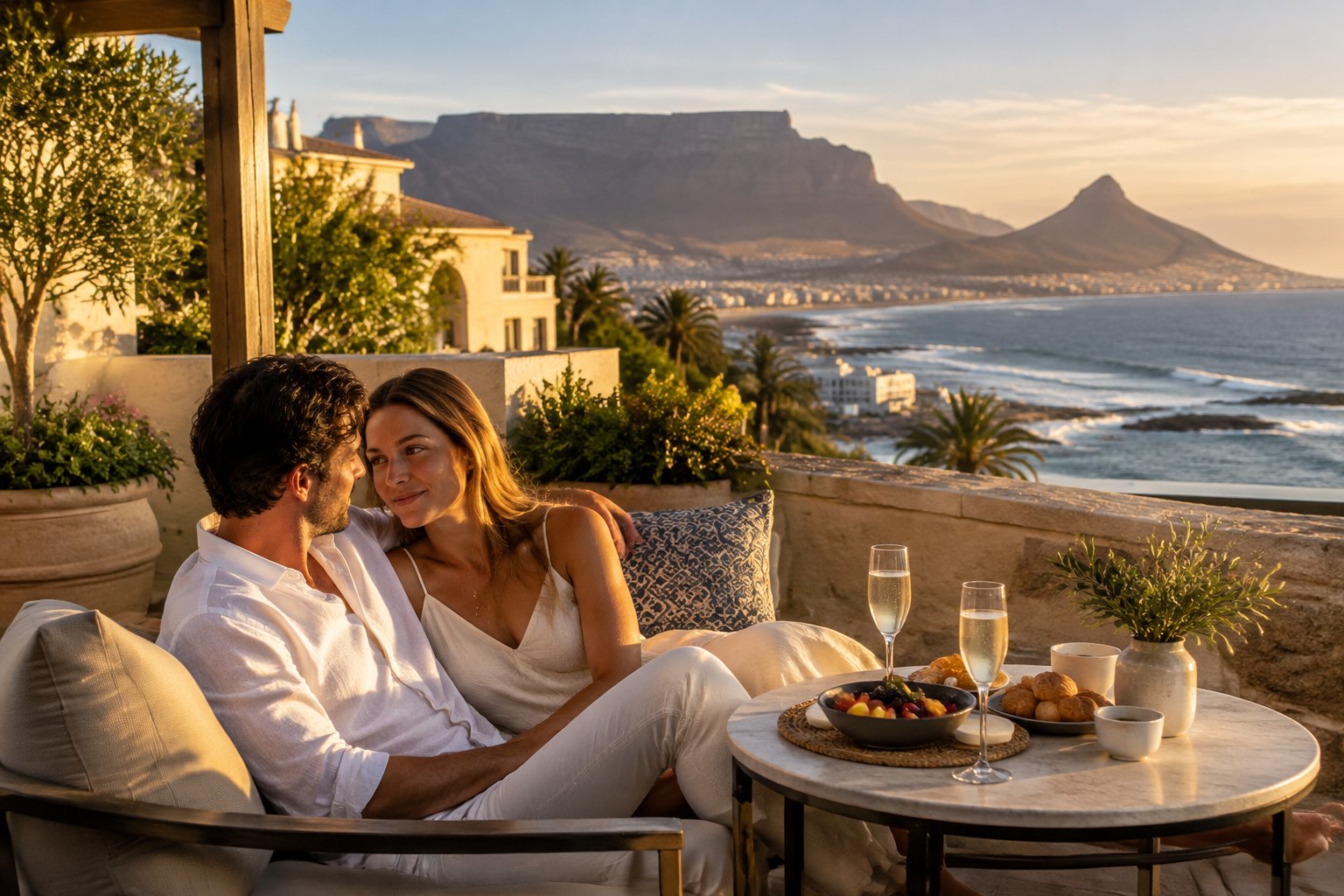 A couple relaxes on a hotel terrace overlooking Table Mountain.
