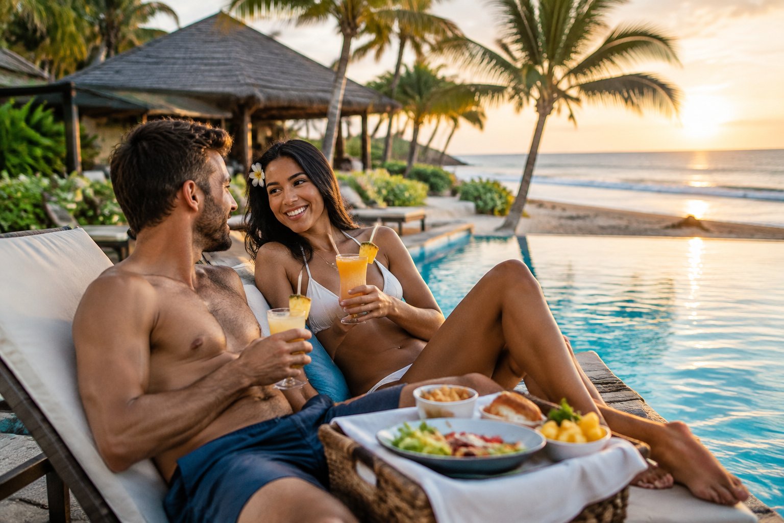 A newlywed couple shares a relaxed moment beside a pool at a tropical resort.