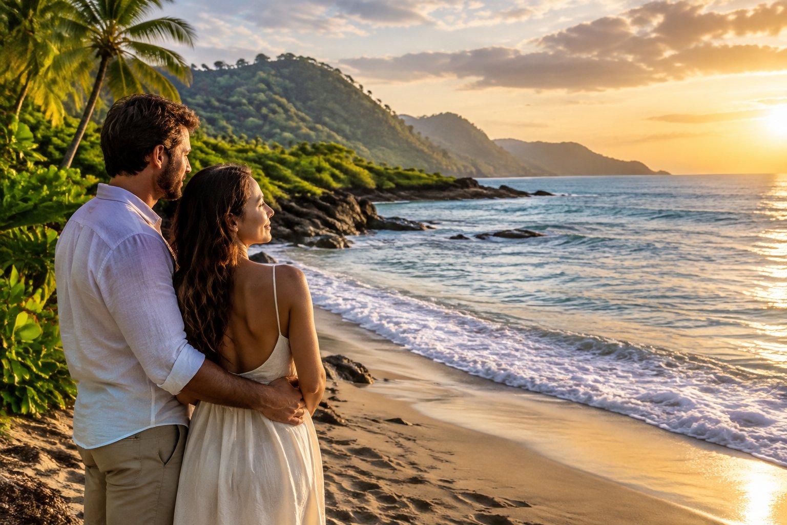 A couple stands together on a tropical beach overlooking the ocean and rainforest.