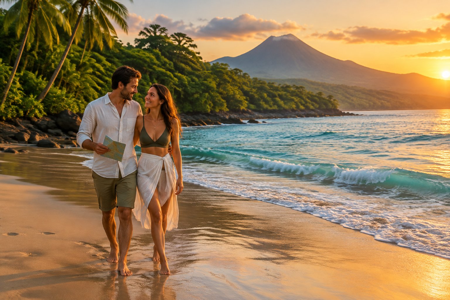 A couple strolls along a tropical Costa Rican beach at sunset.