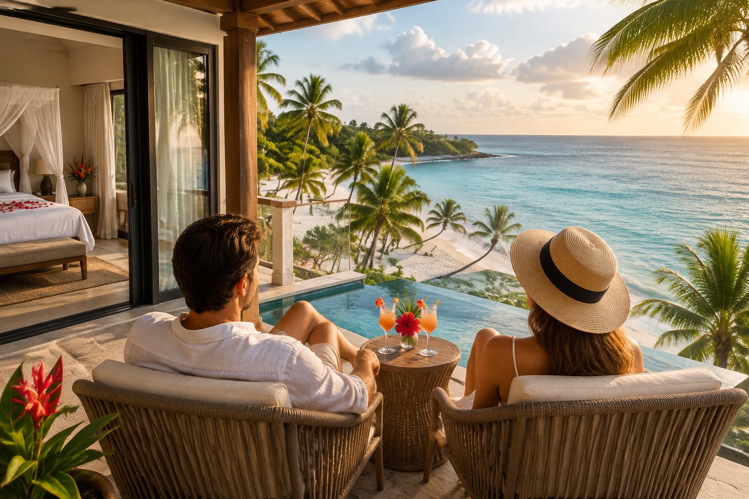 A newlywed couple relaxes on a resort terrace overlooking a tropical beach.