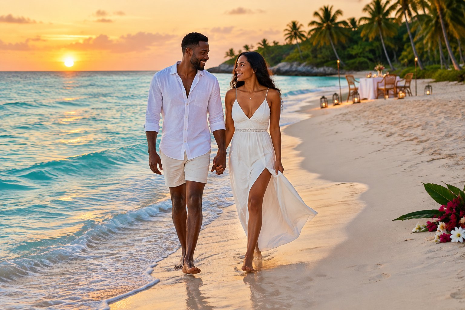 A newlywed couple walks hand in hand along a tropical beach at sunset.