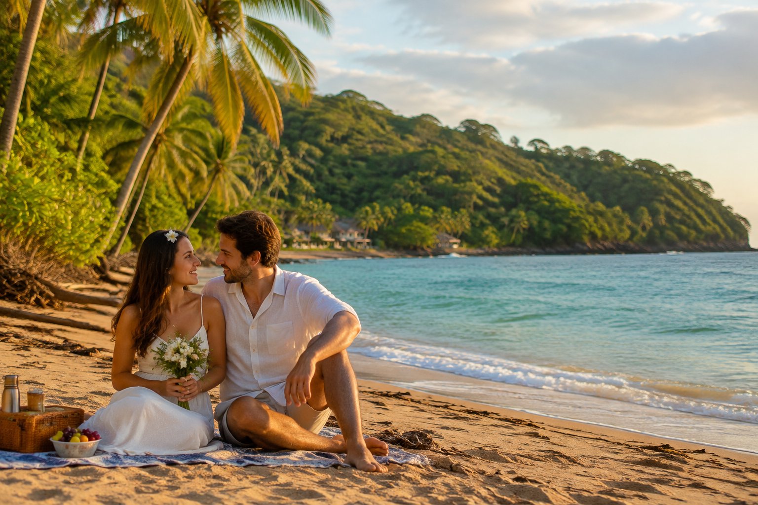 A couple walks together along a tropical Costa Rican beach bordered by rainforest.