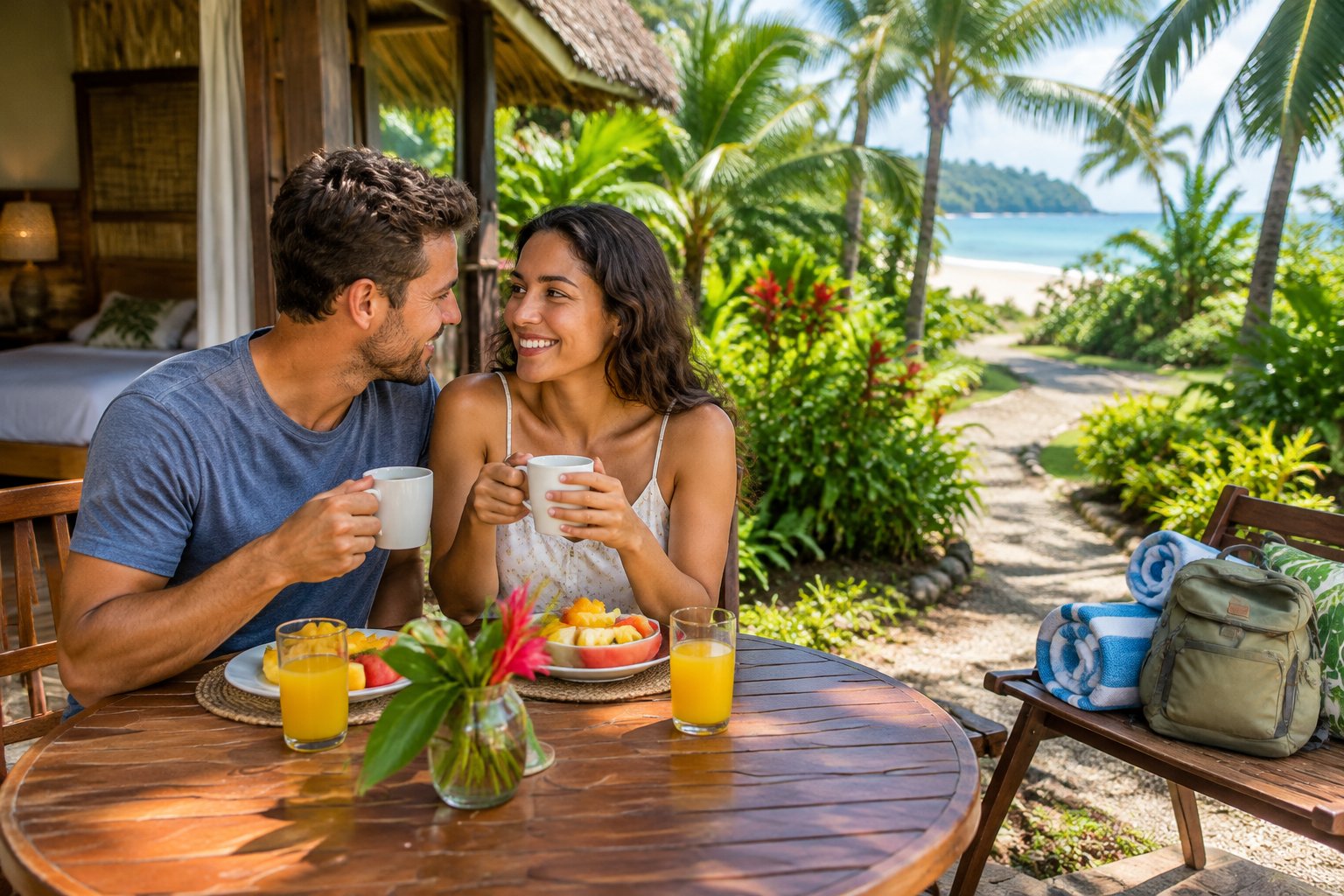 A newlywed couple shares breakfast at a tropical lodge in Costa Rica.