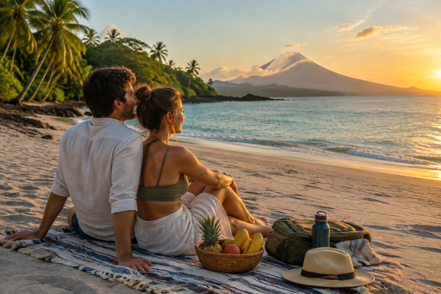 A couple shares a picnic on a tropical Costa Rican beach.