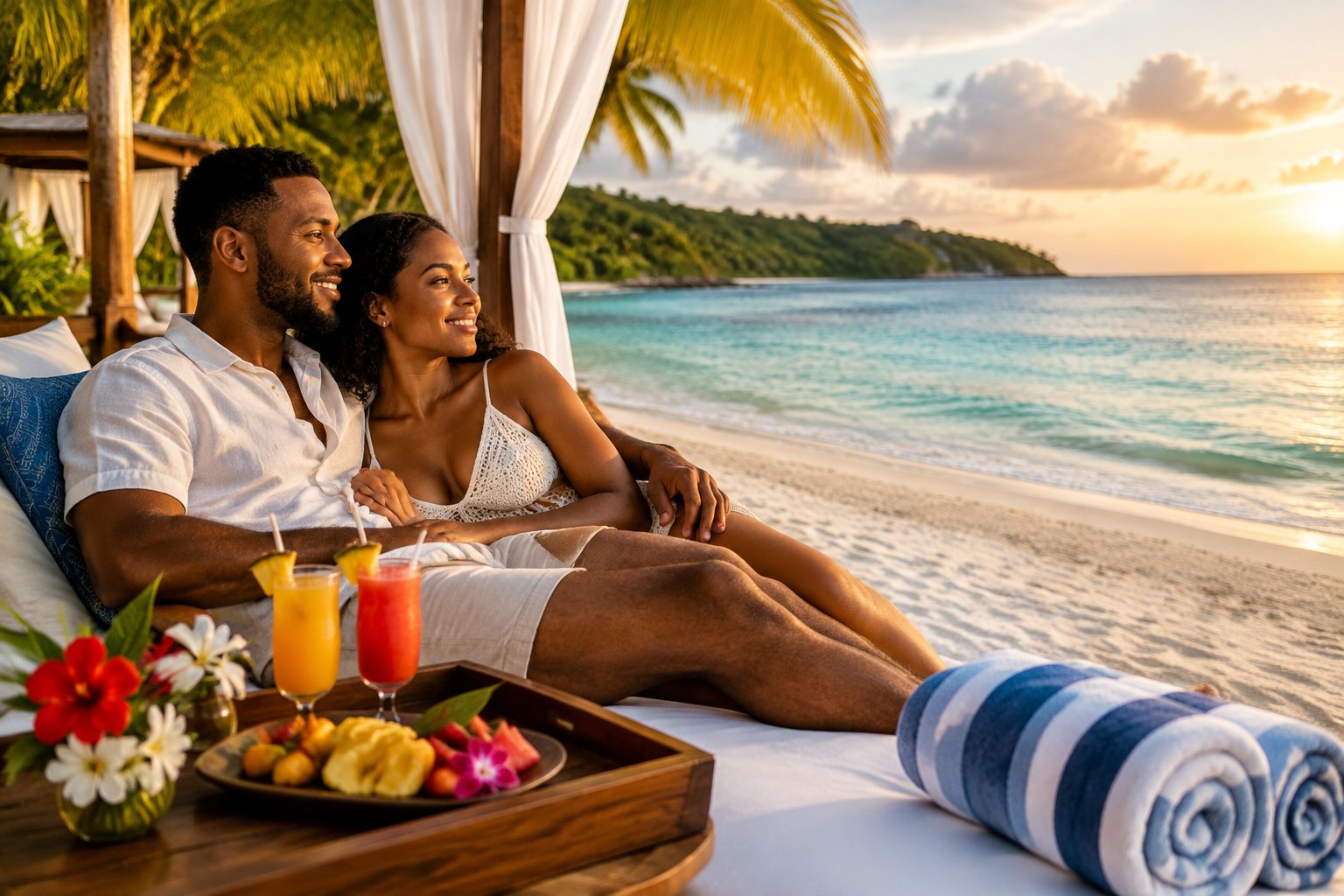 A newlywed couple relaxes beside a tropical beach cabana in Jamaica.