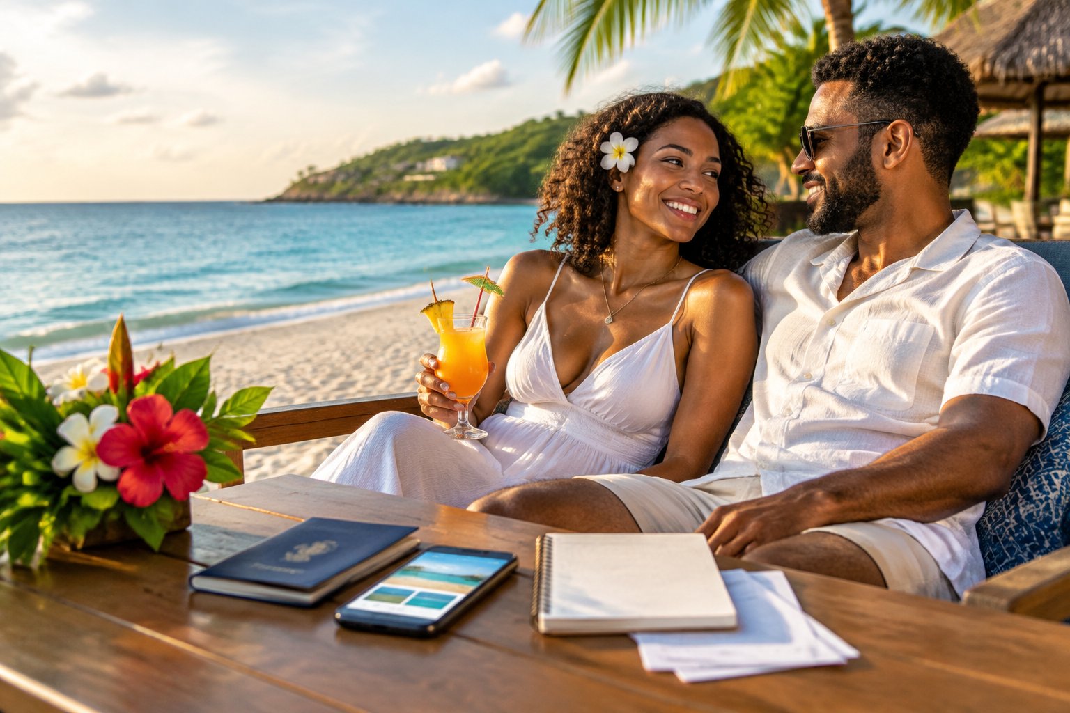 A couple plans their honeymoon while relaxing at a tropical Jamaican beach resort.