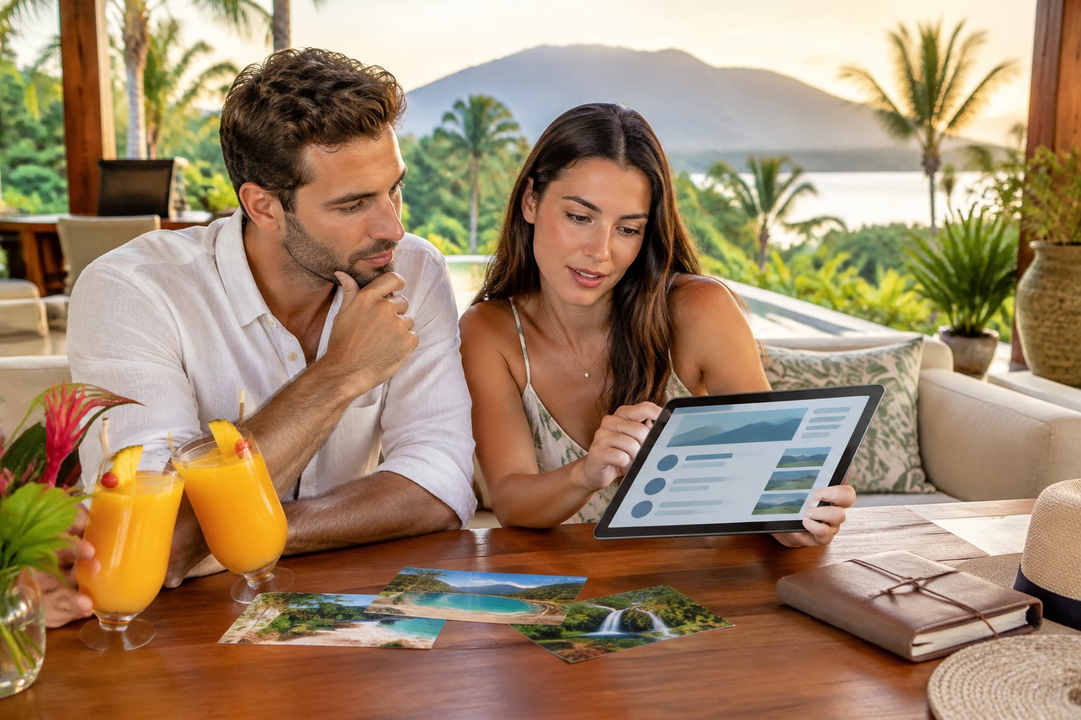 A newlywed couple reviews travel options together at a tropical resort in Costa Rica.