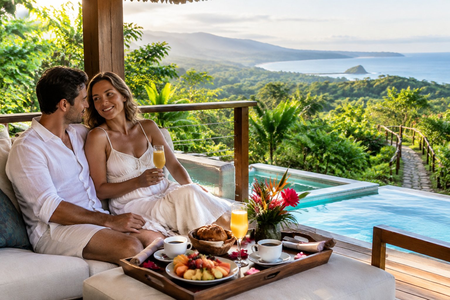 A newlywed couple shares breakfast on a terrace overlooking Costa Rica’s tropical landscape.