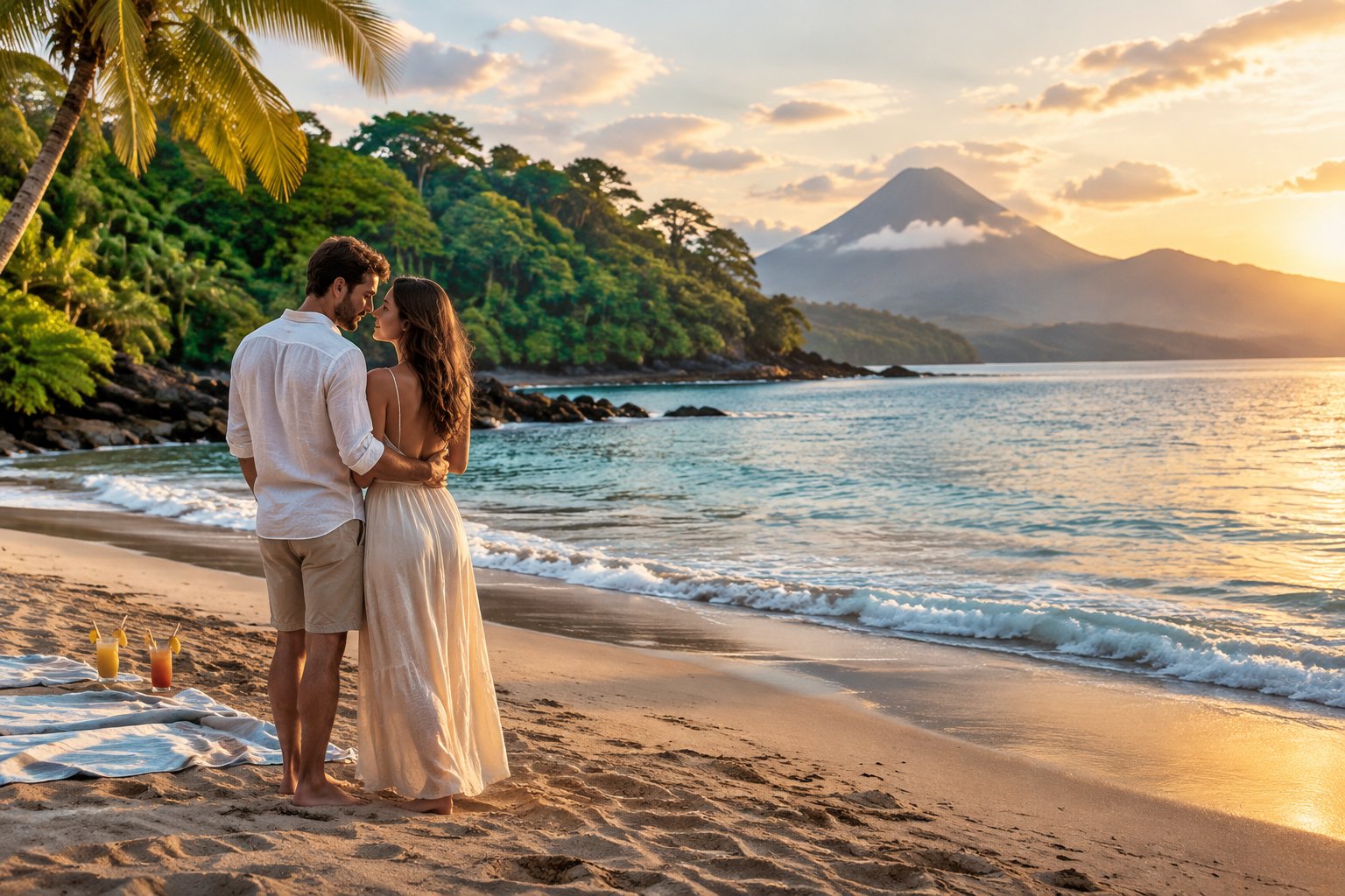 A newlywed couple stands together on a tropical Costa Rican beach.