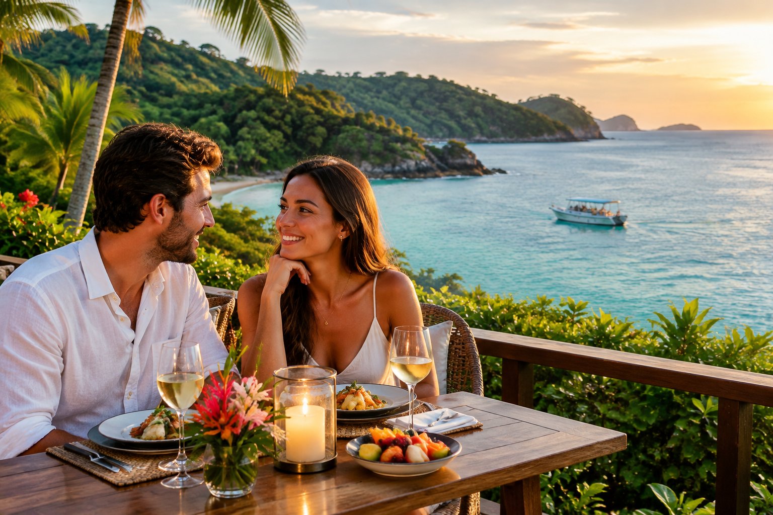 A newlywed couple shares dinner at a beachfront resort overlooking the Costa Rican coast.