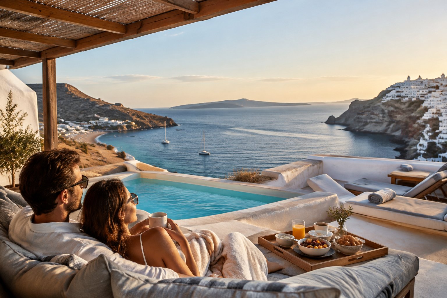 A couple relaxes on a resort terrace overlooking the Aegean Sea.